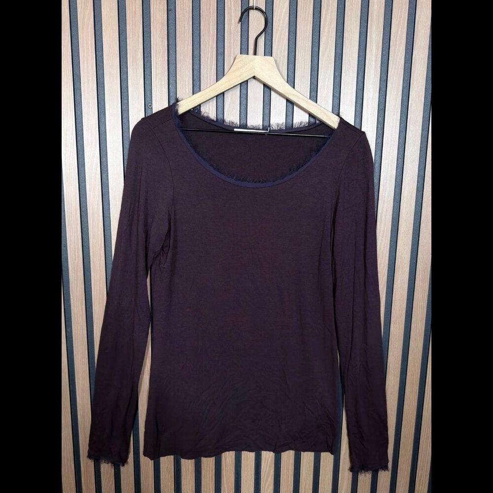 Elaine Kim Top Small Womens Burgundy Frayed Long Sleeve Stretch Round Neck